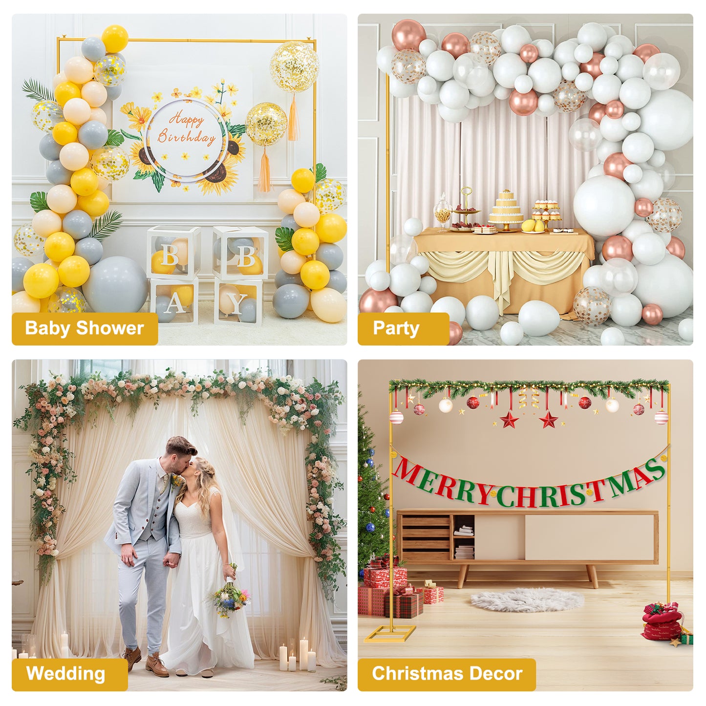8FT Wedding Arch Backdrop Stand, Gold Square Back Drop Adjustable Stand Metal Arch Photo Backdrop Stand Kit Frame for Wedding Birthday Party Photo Booth Background Photography Exhibition Decor