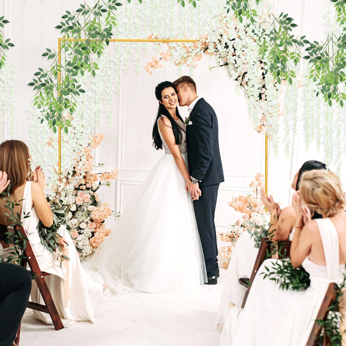 8FT Wedding Arch Backdrop Stand, Gold Square Back Drop Adjustable Stand Metal Arch Photo Backdrop Stand Kit Frame for Wedding Birthday Party Photo Booth Background Photography Exhibition Decor