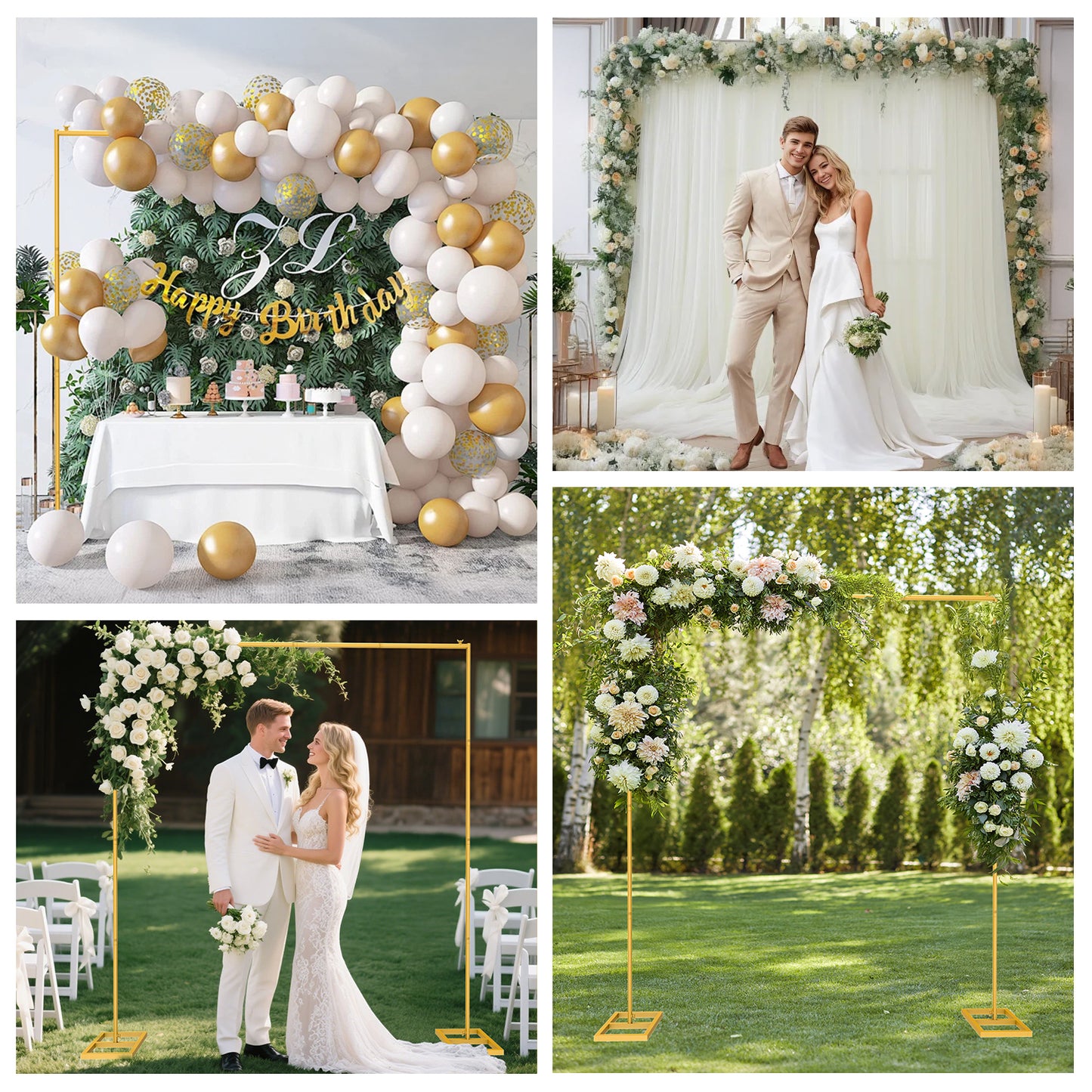 8FT Wedding Arch Backdrop Stand, Gold Square Back Drop Adjustable Stand Metal Arch Photo Backdrop Stand Kit Frame for Wedding Birthday Party Photo Booth Background Photography Exhibition Decor